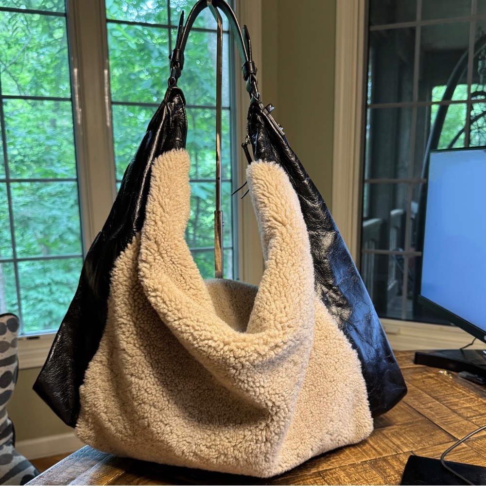 Jimmy Choo Ana Beige Shearling-Panel Black Leather Hobo Bag
